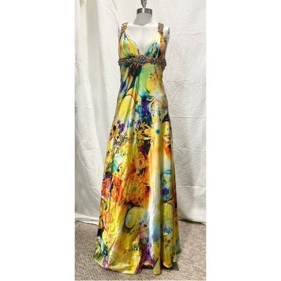 Vibrant multicolor Beaded floral gown V-neck empire waist, size XS - Picture 2 of 12